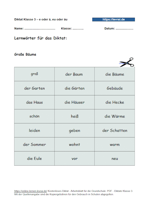 Lernwörter - Diktat zu e oder ä, eu oder äu in der Grundschule.