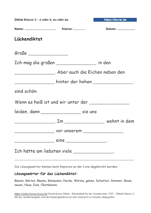 Lückendiktat zu e oder ä, eu oder äu in der Grundschule, Klasse 3.