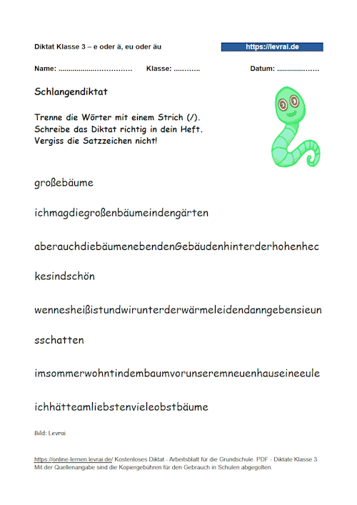 Wörterwurm, Schlangendiktat zum Diktat zu e oder ä, eu oder äu.