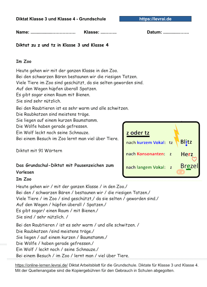 Diktate für Klasse 4 zu z oder tz