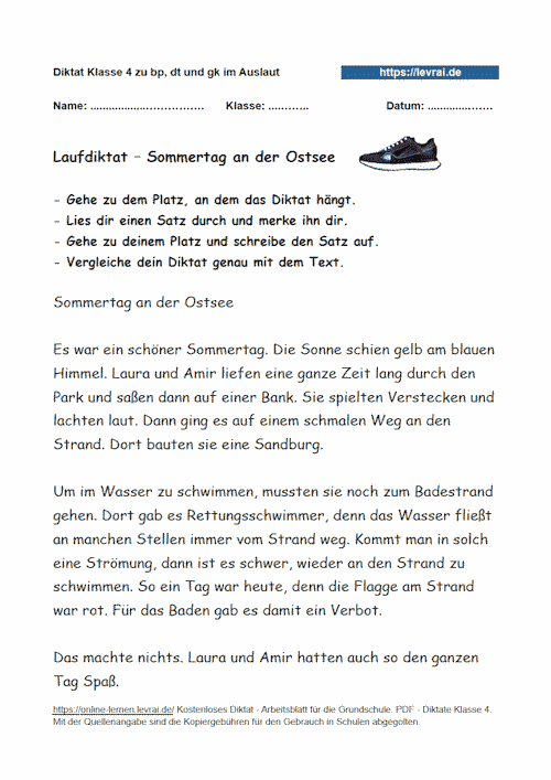 Laufdiktat für Klasse 4 zu bp, dt und gk.