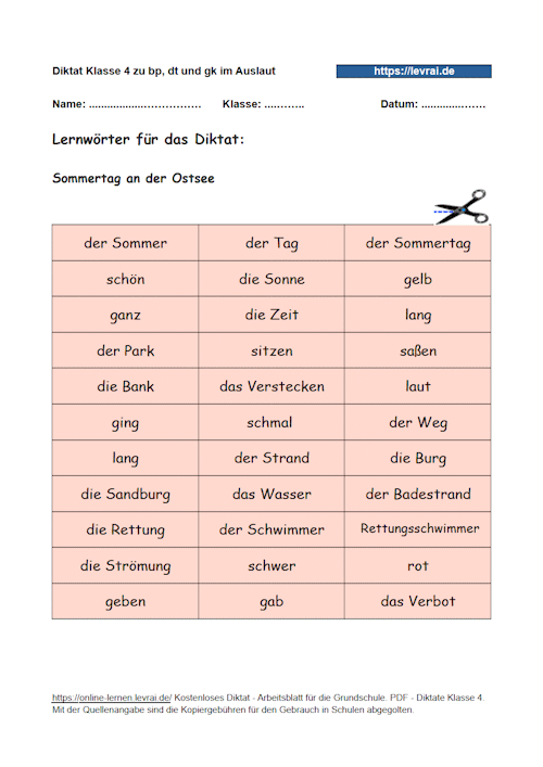 Lerwörter für das Diktat in Klasse 4 zu bp, dt und gk.