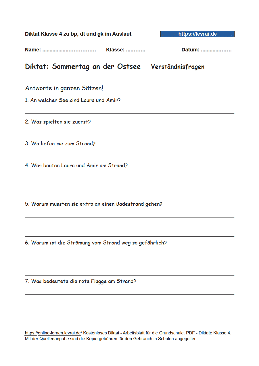 Diktat - Verständnisfragen für Klasse 4, bp, dt und gk.