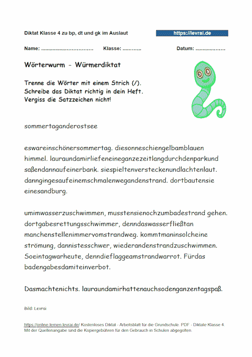 Diktat - Wörterwurmdiktat, Schlangendiktat für Klasse 4 zu bp, dt und gk.