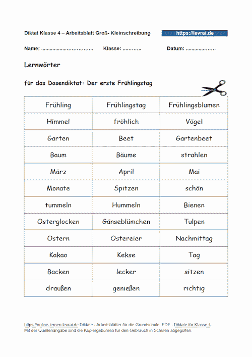 Lernwörter für das Diktat in Klasse 4 zur Groß- und Kleinschreibung.