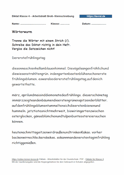 Wurmdiktat in Klasse 4 zur Groß- und Kleinschreibung.