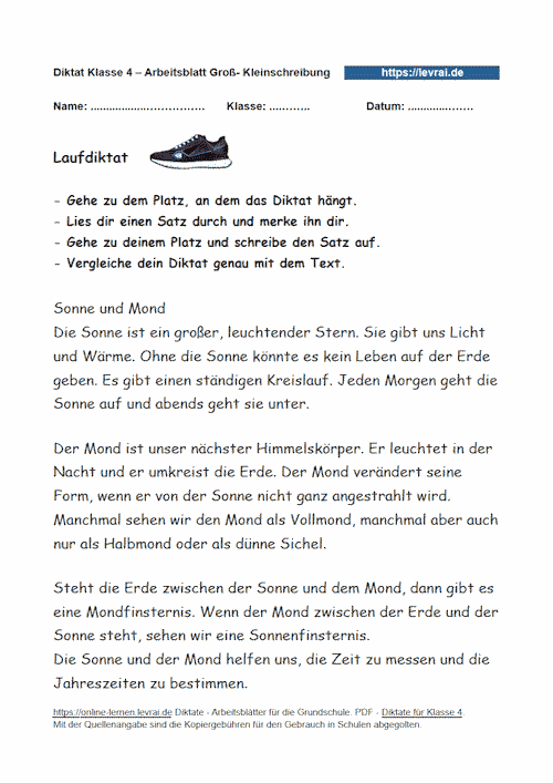 Laufdiktat zur Groß- und Kleinschreibung in der Grundschule als Laufdiktat.