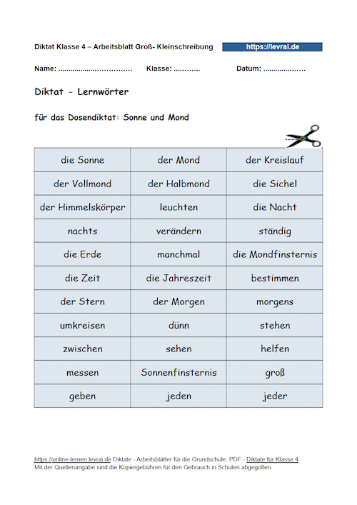 Arbeitsblatt mit Lernwörtern für das Diktat zur Groß- und Kleinschreibung.
