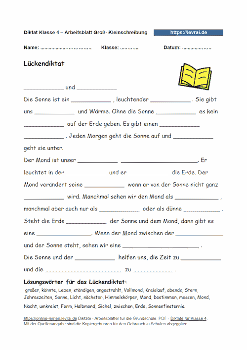 Lückendiktat in Klasse 4 zur Groß- und Kleinschreibung.