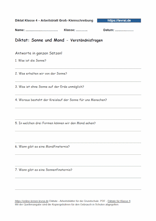 Verständnisfragen zum Diktat für die Groß- und Kleinschreibung.