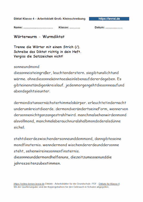 Wurmdiktat in Klasse 4 zur Groß- und Kleinschreibung.