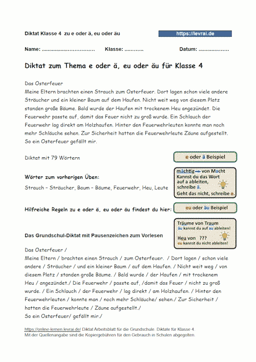 Diktat zu e oder ä, eu oder äu in der Grundschule für Klasse 3 und Klase 4.