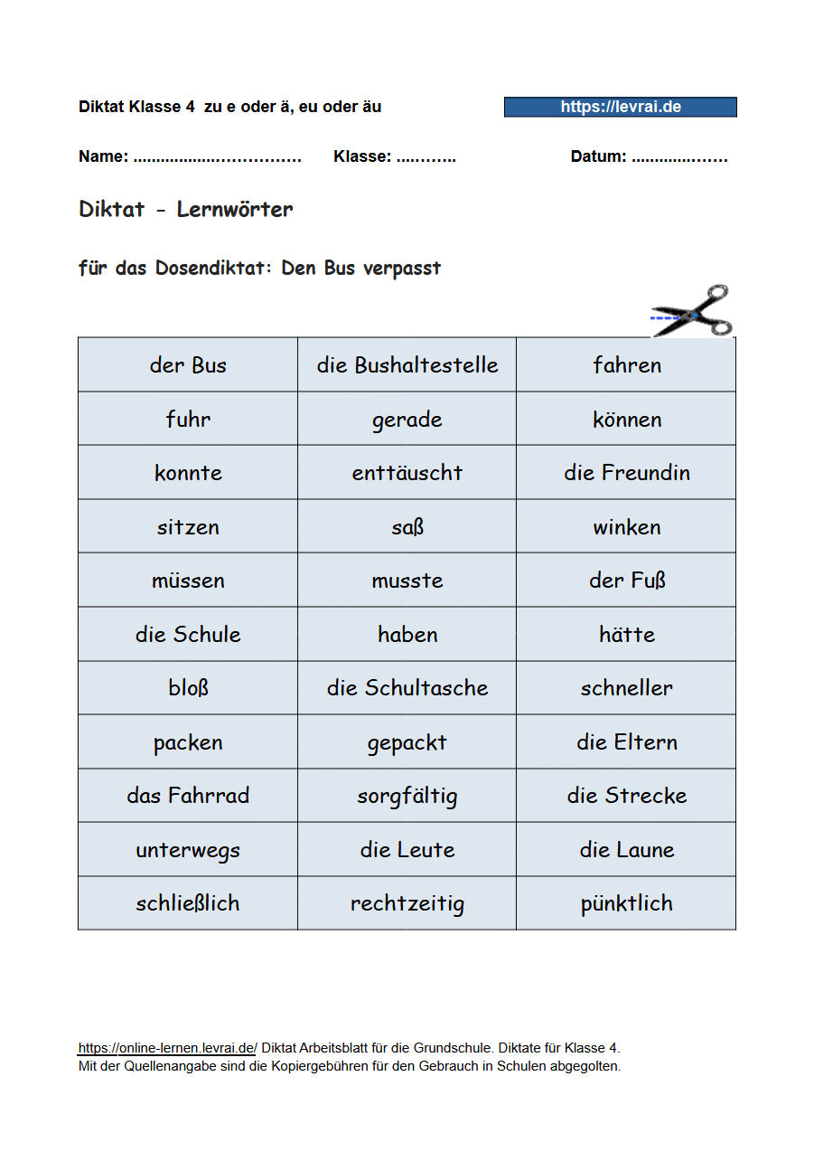 Diktat Klasse 4 - e und ä, eu und äu