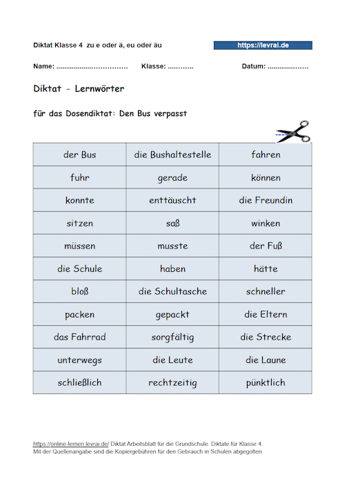 Lernwörter für das Diktat in Klasse 4.