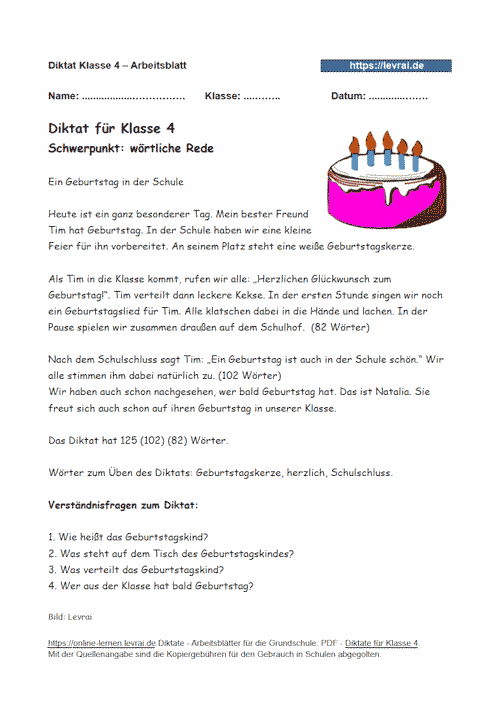 Diktat zur wörtlichen Rede in Klasse 4.