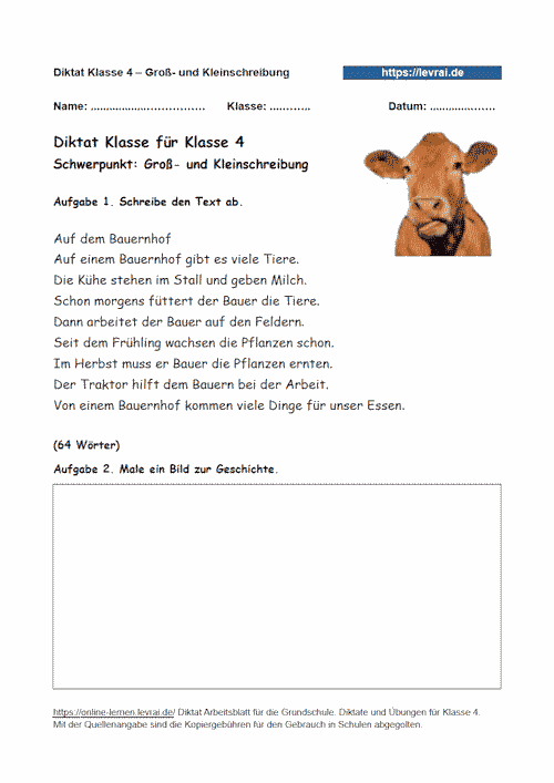Diktat für Klasse 3 und Klasse 4 in der Grundschule zur Groß- und Kleinschreibung.