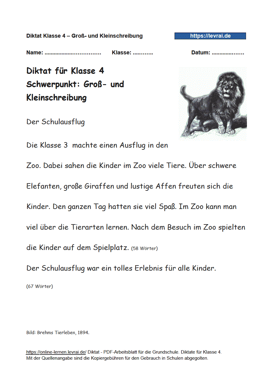 Diktat für Klasse 4 - Groß- und Kleinschreibung