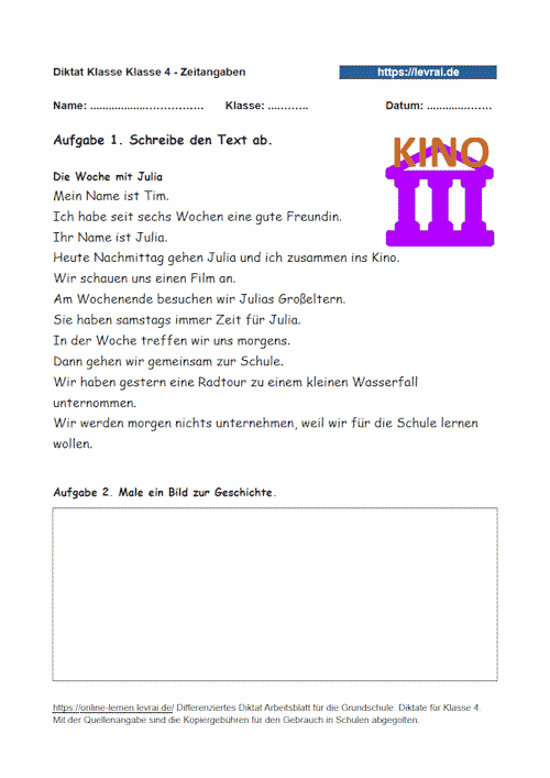 Differenzierendes Diktat zu Zeitangaben in der Grundschule.