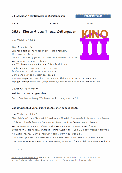 Diktat zu Zeitangaben in Klasse 4.