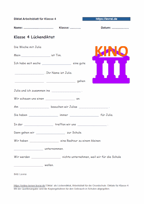 Lückendiktat zu Zeitangaben in der Grundschule.
