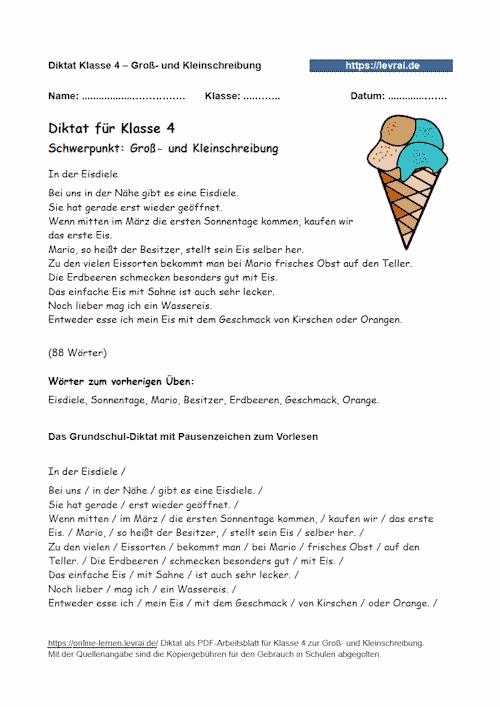 Diktat zur Groß- und Kleinschreibung in der Grundschule, Klasse 4.