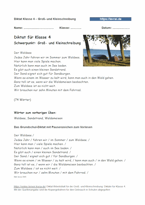 Diktat zur Groß- und Kleinschreibung für Klasse 4 als Arbeitsblatt.