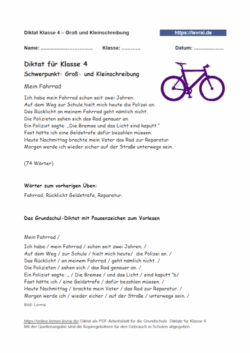 Diktat für die Grundschule in Klasse 4.