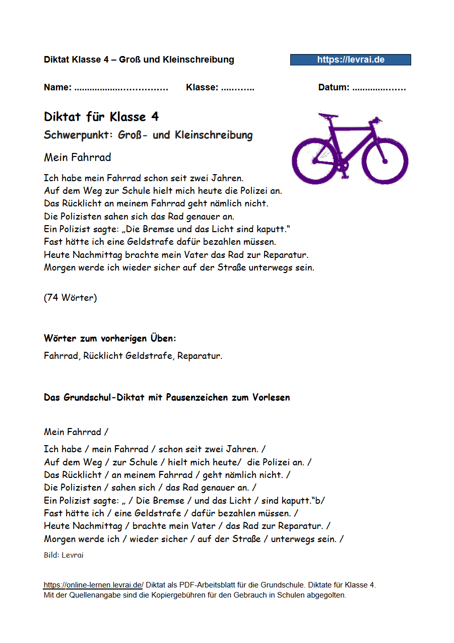 Diktat in Klasse 4