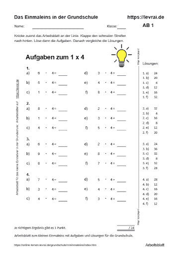 Arbeitsblatt Nr. 1 für das kleine Einmalvier in der Grundschule.