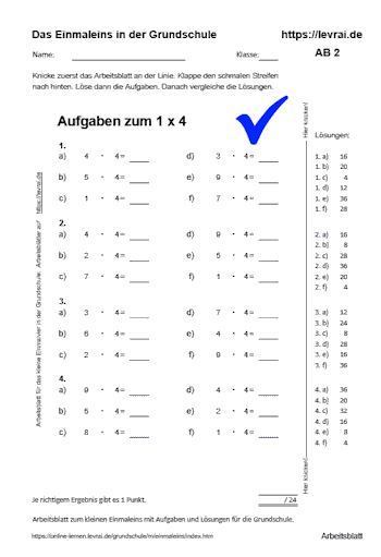 Arbeitsblatt Nr. 2 für das kleine Einmalvier in der Grundschule.