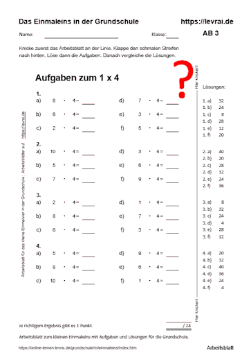 Arbeitsblatt Nr. 3 für das kleine Einmalvier in der Grundschule.
