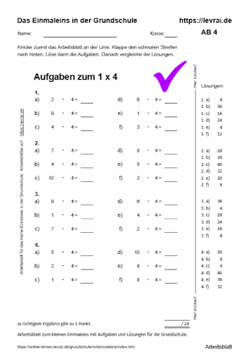 Arbeitsblatt Nr. 4 für das kleine Einmalvier in der Grundschule.