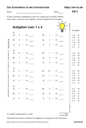 Arbeitsblatt Nr. 5 für das kleine Einmalvier in der Grundschule.