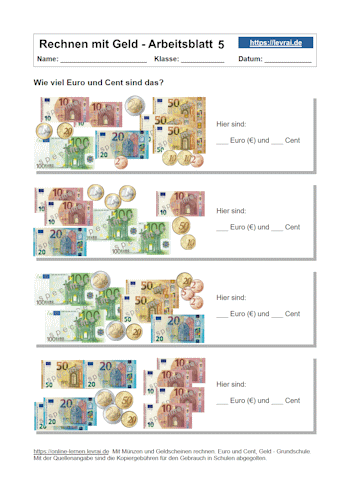 Zähle Euro-Geldscheine und Euro-Münzen in der Grundschule