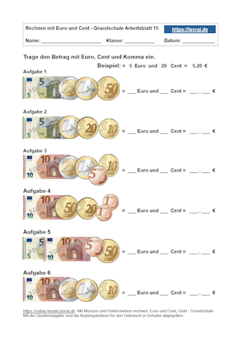 Arbeitsblatt für die Kommaschreibung bei Euro und Cent