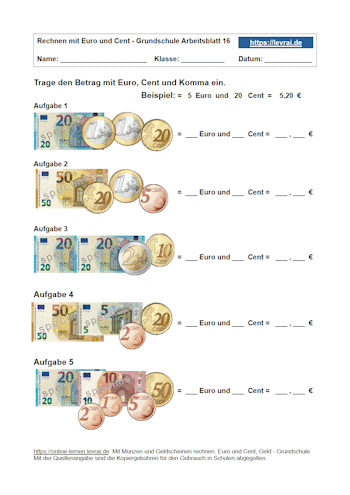 Euro und Cent mit Komma schreiben - Arbeitsblatt