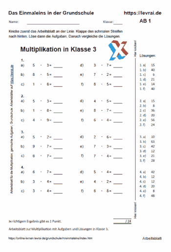 Arbeitsblatt zur Multiplikation in Klasse 3