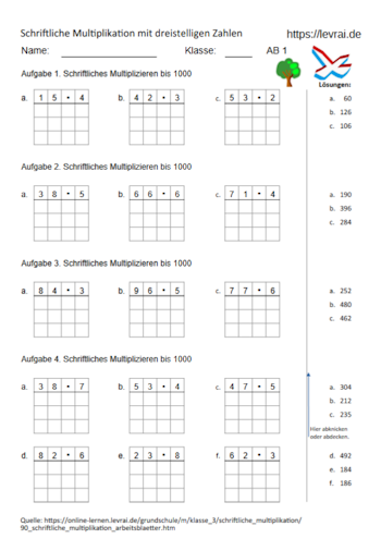 Arbeitsblatt für schriftliche Multiplikation mit einstelligen Zahlen in der Grundschule.