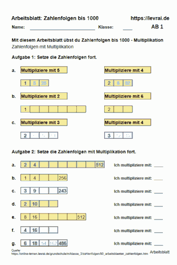 Arbeitsblatt für Zahlenfolgen mit Multiplikation